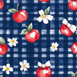 A repeating watercolor pattern featuring red apples with green leaves, white daisies with yellow centers, and a dark blue gingham background.