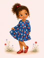 An illustration of a young girl with curly brown hair wearing a blue gingham dress with red apples and white flowers, standing in a field of small wildflowers.