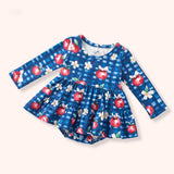 Blue gingham baby bubble with red apples, white daisies, long sleeves, tiered ruffle skirt and snap bottom.
