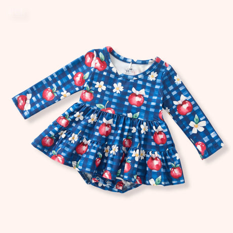 Blue gingham baby bubble with red apples, white daisies, long sleeves, tiered ruffle skirt and snap bottom.