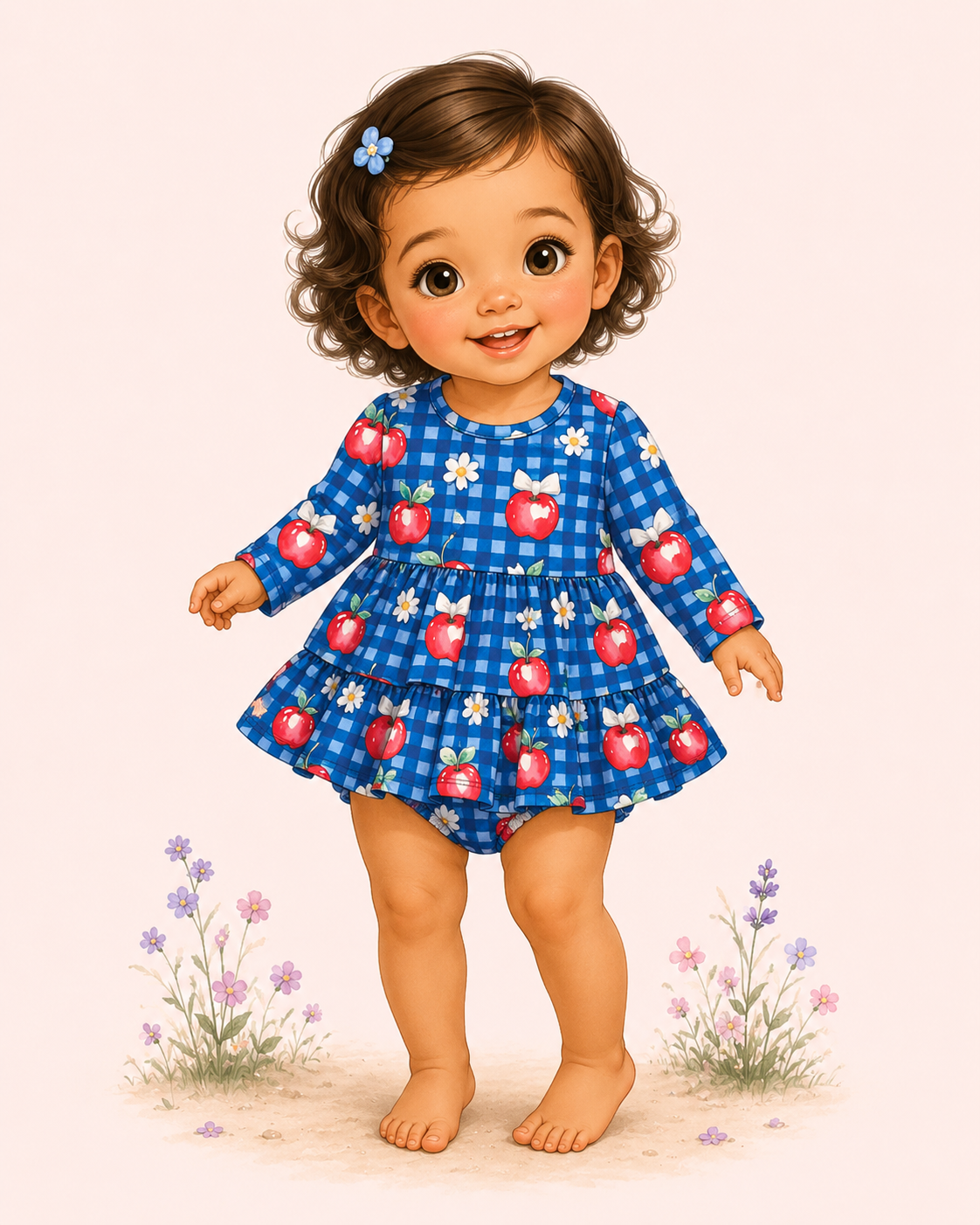 Illustrated toddler modeling a blue gingham apple-print baby bubble with long sleeves, tiered ruffles and bare feet.