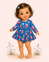 Illustrated toddler modeling a blue gingham apple-print baby bubble with long sleeves, tiered ruffles and bare feet.