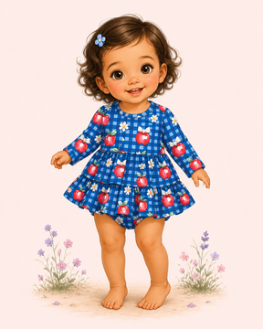 Illustrated toddler modeling a blue gingham apple-print baby bubble with long sleeves, tiered ruffles and bare feet.