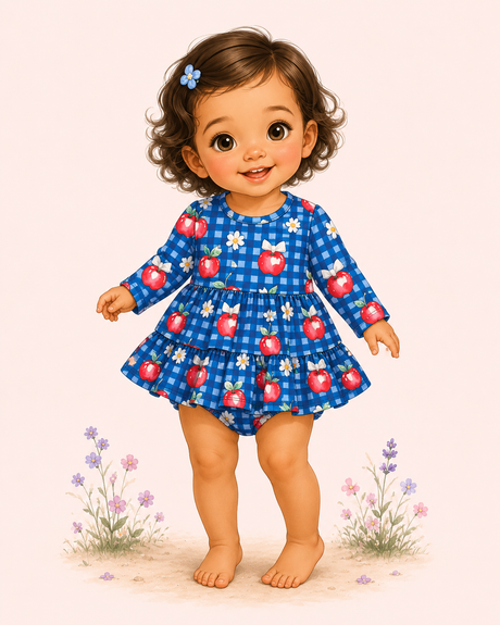 Illustrated toddler modeling a blue gingham apple-print baby bubble with long sleeves, tiered ruffles and bare feet.