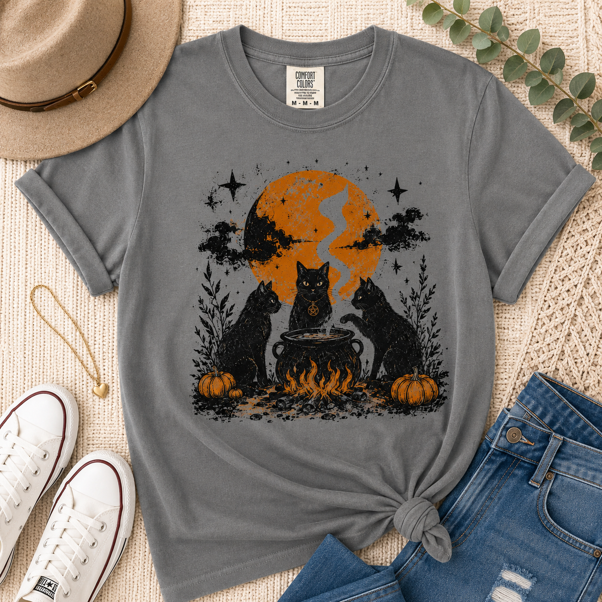 Witch Cat Coven Halloween Comfort Colors Graphic Tee | Women's
