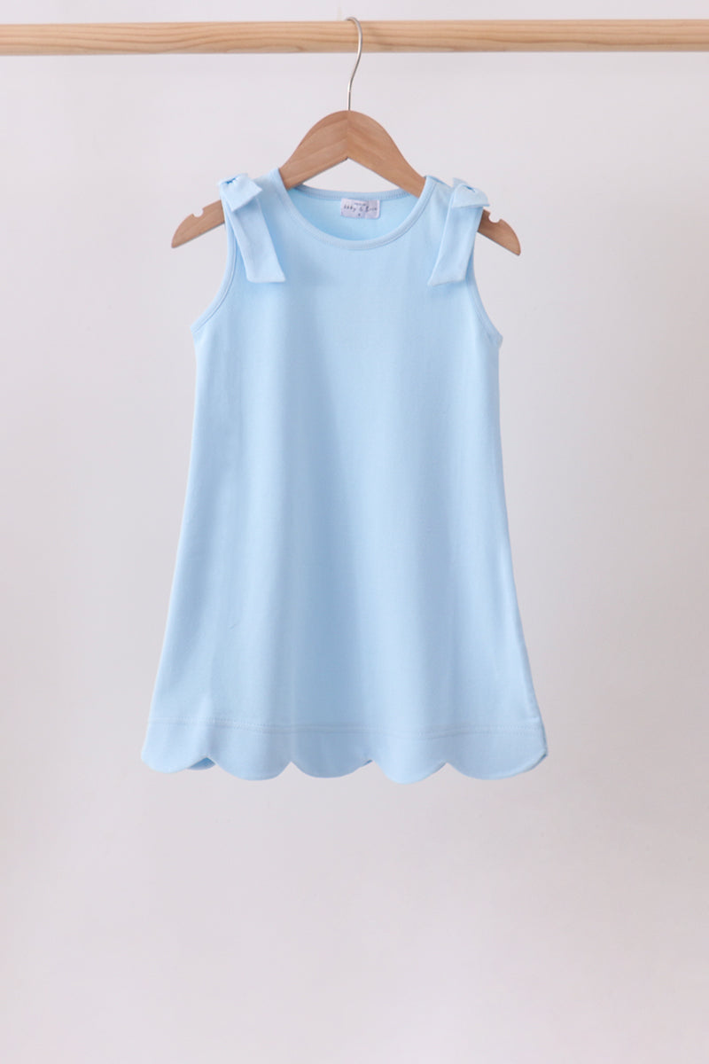 Blue Scalloped Bow Dress for girls with shoulder bows and soft cotton fabric