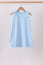 Blue Scalloped Bow Dress for girls with shoulder bows and soft cotton fabric
