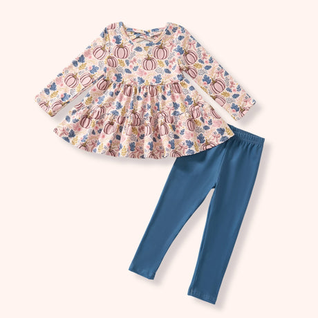 Girls fall outfit set with blush pumpkin floral tunic and dusty blue leggings.