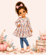 Storybook girl modeling blush pumpkin tunic and dusty blue leggings with soft fall accents.