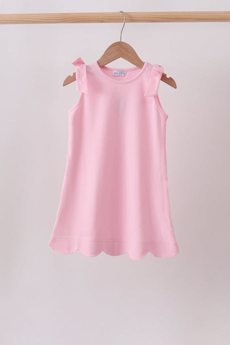Blush Pink Scalloped Dress for girls with shoulder bows and soft cotton fabric
