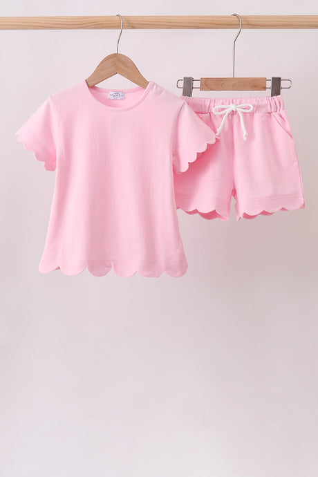 Blush Pink Scalloped Shorts Set for girls with short sleeve top and matching drawstring shorts