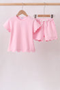 Blush Pink Scalloped Shorts Set for girls with short sleeve top and matching drawstring shorts