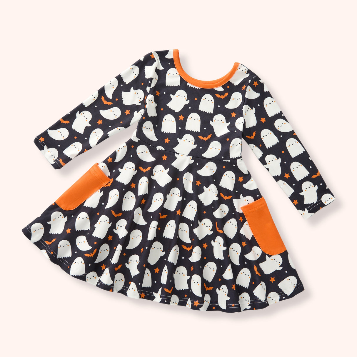 Black Halloween dress with white ghosts, orange bats, stars and bright orange pockets.