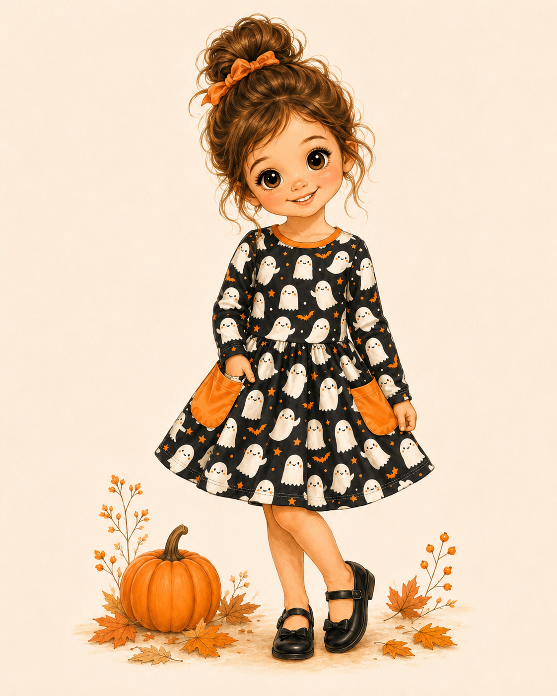 Storybook girl wearing a black ghost-print Halloween dress with orange pockets, bats and stars.