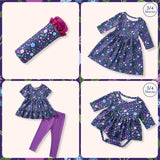 Collage of the Breezy Blossoms collection, including a headband, dress, tunic and leggings set, long-sleeve dress, and baby romper.