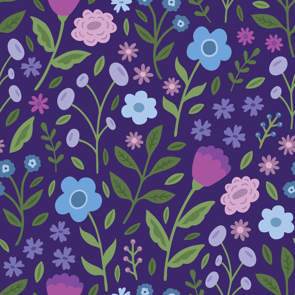 Close-up of the Breezy Blossoms print with blue, pink, and lavender flowers, green leafy stems, and tiny hearts on dark purple.