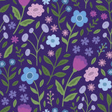 Close-up of the Breezy Blossoms print with blue, pink, and lavender flowers, green leafy stems, and tiny hearts on dark purple.