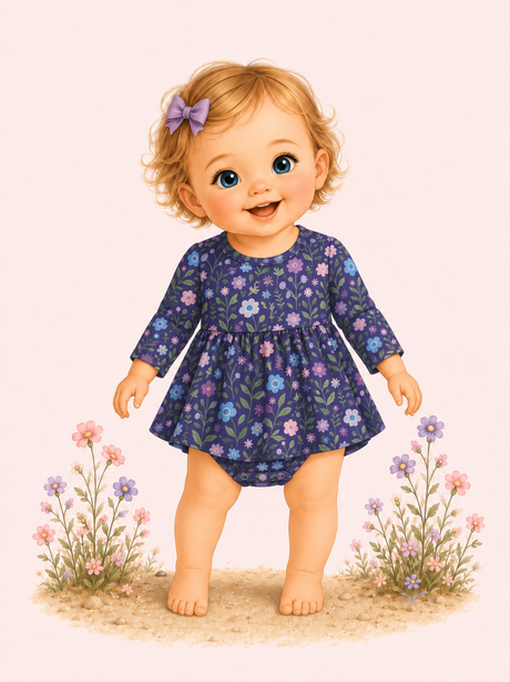 Storybook illustration of a smiling barefoot baby wearing the purple Breezy Blossoms floral bubble romper with three-quarter sleeves.