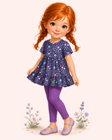 Storybook illustration of a young red-haired girl wearing the purple Breezy Blossoms floral tunic, leggings, and sandals.