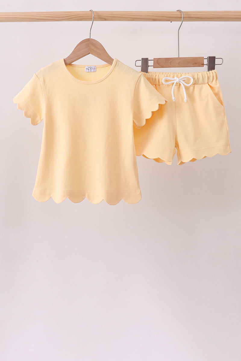 Buttercup Scalloped Shorts Set for girls with matching short sleeve top and drawstring shorts