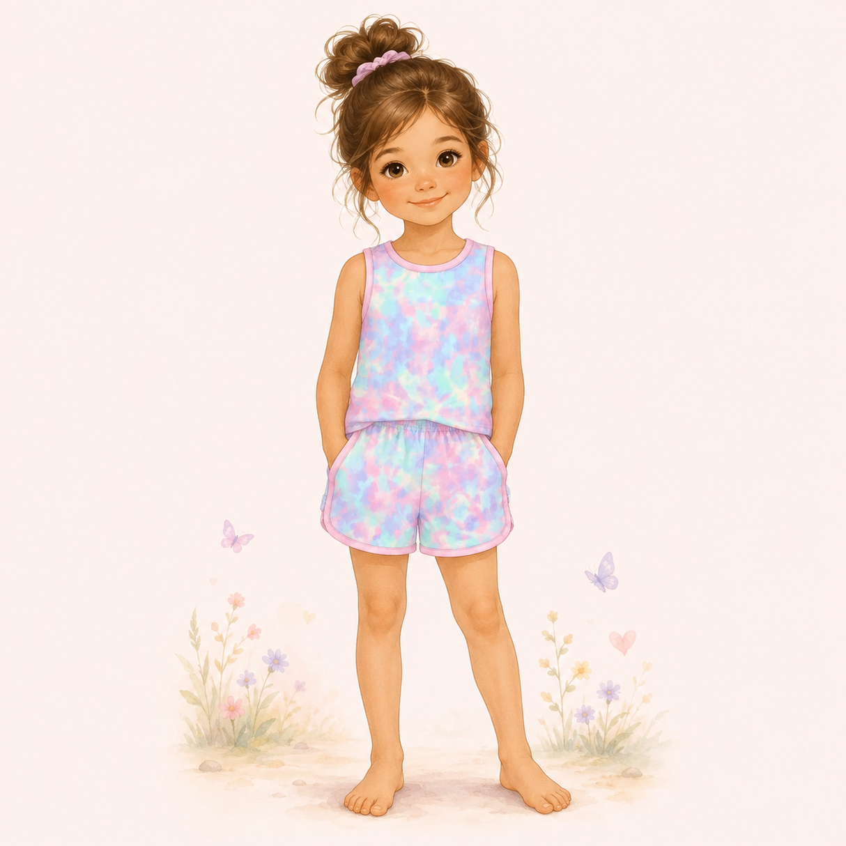Illustrated girl wearing a pastel pink, lavender, aqua and mint sleeveless loungewear set with matching shorts.
