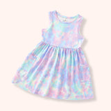 Sleeveless pastel tie-dye dress with large pockets on each side on a white background