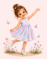 Illustrated girl with curly hair and purple bow wearing a pastel tie-dye pocket dress, pink socks and white sneakers.