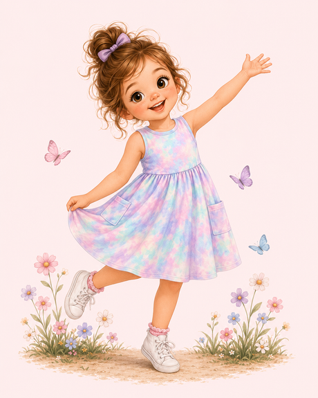 Illustrated girl with curly hair and purple bow wearing a pastel tie-dye pocket dress, pink socks and white sneakers.