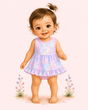 Illustrated toddler wearing a pastel tie-dye baby bubble with pink trim, ruffle hem, and bare feet in a storybook pose.