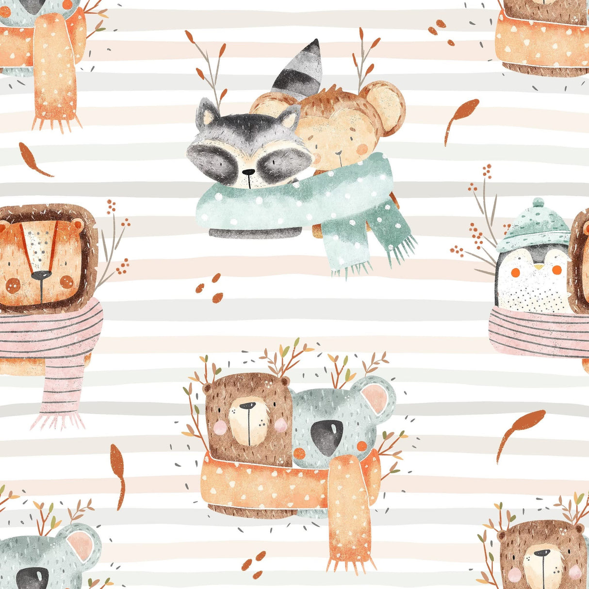 A repeating watercolor-style pattern featuring cartoon animals wearing cozy scarves, including a raccoon, bear, owl, and fox, on a white background with thin peach stripes and small brown leaf accents.