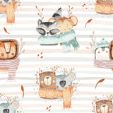 A repeating watercolor-style pattern featuring cartoon animals wearing cozy scarves, including a raccoon, bear, owl, and fox, on a white background with thin peach stripes and small brown leaf accents.