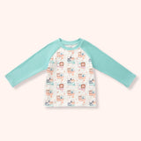 Boys mint raglan long-sleeve shirt with a whimsical woodland critters print on a soft striped cream background.