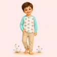 Illustrated boy wearing a mint raglan top with whimsical woodland critters in a soft storybook meadow scene.