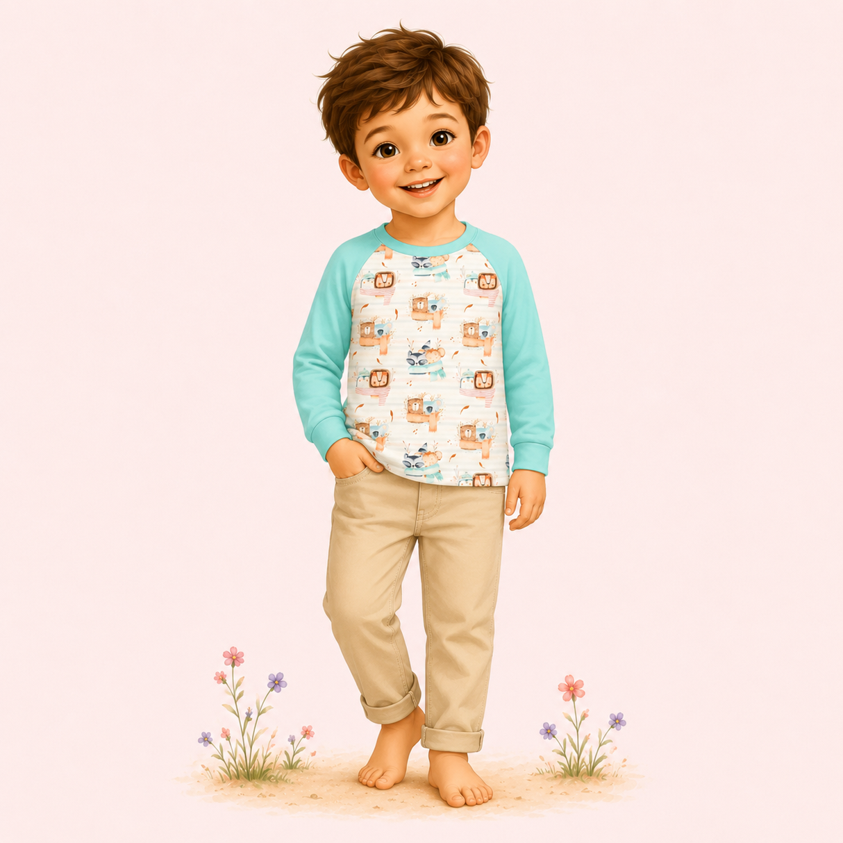 Illustrated boy wearing a mint raglan top with whimsical woodland critters in a soft storybook meadow scene.
