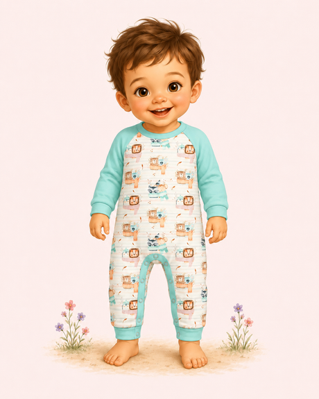 Illustrated toddler wearing a white romper with mint raglan sleeves and cuffs, soft woodland print, and barefoot storybook charm.