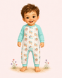 Illustrated toddler wearing a white romper with mint raglan sleeves and cuffs, soft woodland print, and barefoot storybook charm.