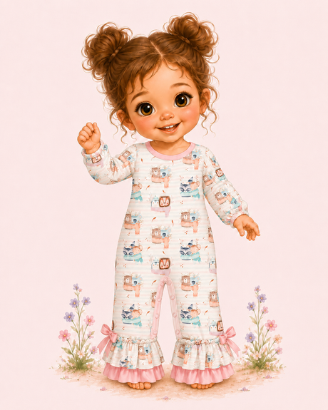 Illustrated toddler modeling a pastel woodland romper with pink trim, inner-leg snaps, ruffled cuffs, side bows, and toes peeking out.