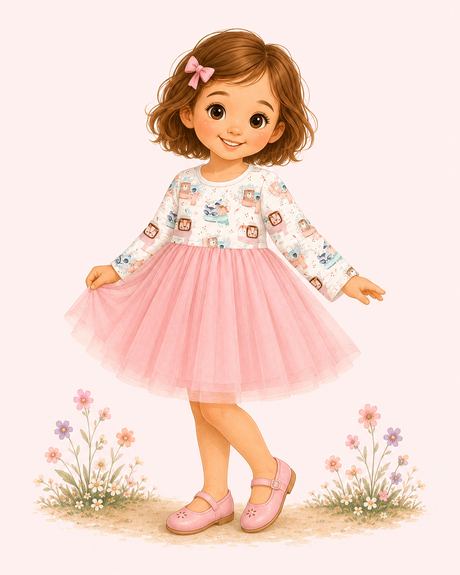 Illustrated toddler modeling a cozy woodland animal outfit with bears, koalas, raccoons and penguins bundled in scarves.