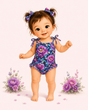 Illustrated toddler modeling a purple and blue floral baby bubble romper with tie shoulders, ruffle trim, gathered waist and bare feet.