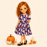 Storybook girl with red curls wearing the Enchanted Haunt bamboo dress with white ghosts and purple flowers.
