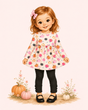 Illustrated girl wearing a cream pumpkin-print tunic and black button-cuff leggings with fall pumpkins and flowers.
