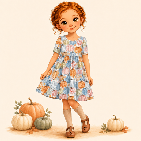 Storybook red-haired girl wearing a baby blue dress covered in pastel orange, pink, blue and sage pumpkins.