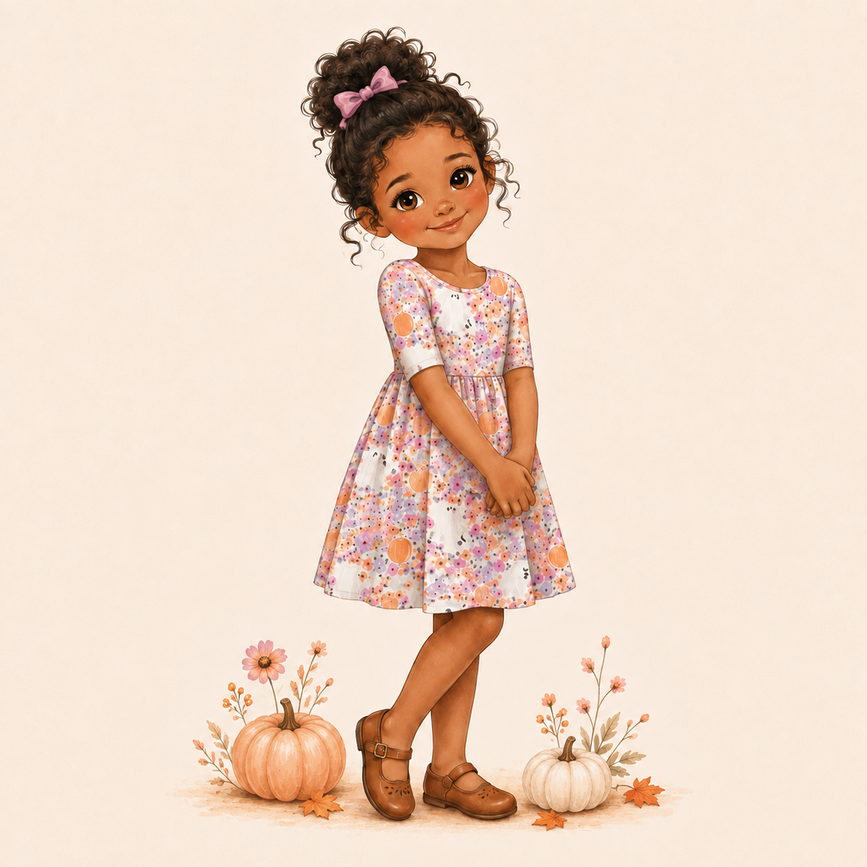 Storybook girl wearing a white bamboo dress with pastel flowers, orange pumpkins and tiny ghosts, paired with brown Mary Janes.