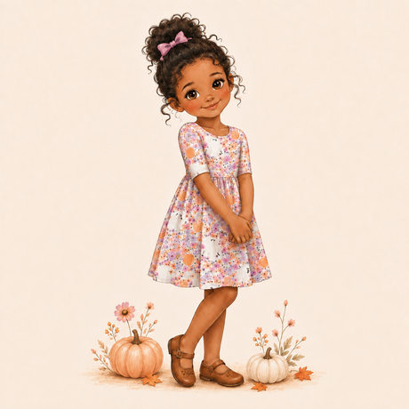 Storybook girl wearing a white bamboo dress with pastel flowers, orange pumpkins and tiny ghosts, paired with brown Mary Janes.