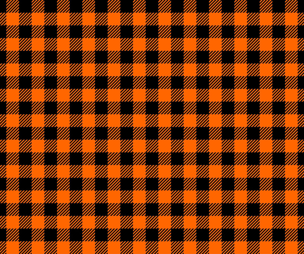 A repeating buffalo plaid pattern in bright orange and black, with some squares showing diagonal hatching texture.