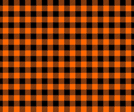 A repeating buffalo plaid pattern in bright orange and black, with some squares showing diagonal hatching texture.