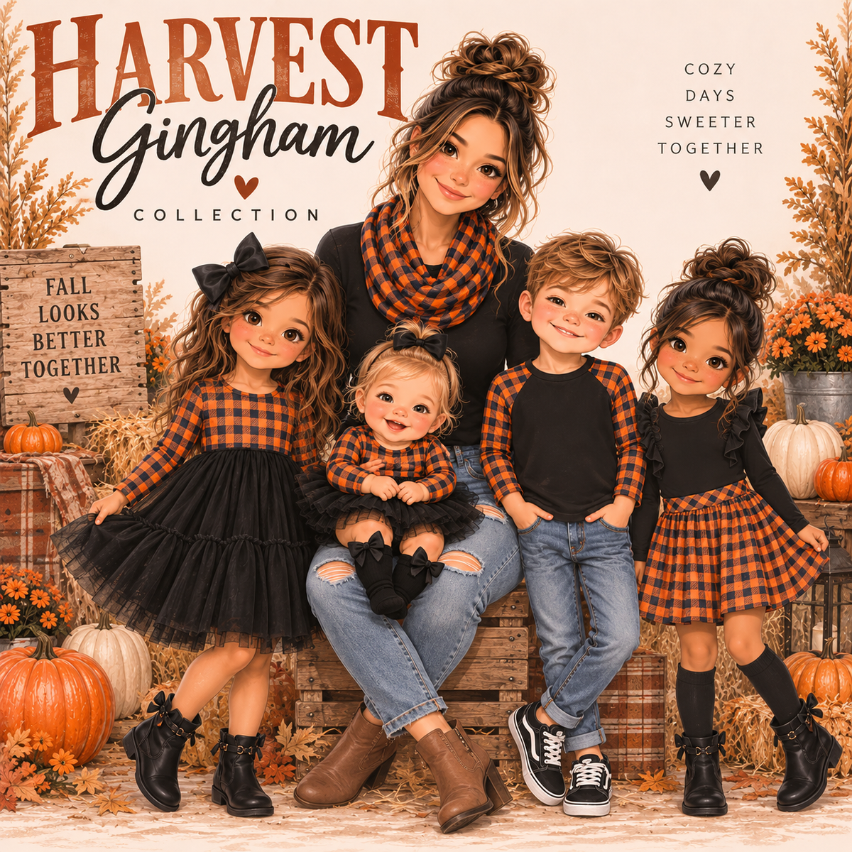 A family portrait styled in autumn harvest colors, featuring a illustrated woman and three children wearing a matching 'Harvest Gingham Collection' outfit. The clothing consists of black and orange plaid long-sleeve shirts, black skirts, and blue jeans, set against a rustic wooden backdrop decorated with pumpkins, fall leaves, and a wooden sign that reads 'Fall Looks Better Together'.