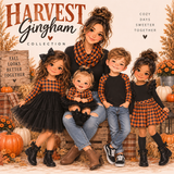 A family portrait styled in autumn harvest colors, featuring a illustrated woman and three children wearing a matching 'Harvest Gingham Collection' outfit. The clothing consists of black and orange plaid long-sleeve shirts, black skirts, and blue jeans, set against a rustic wooden backdrop decorated with pumpkins, fall leaves, and a wooden sign that reads 'Fall Looks Better Together'.