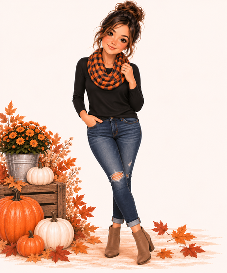 A stylized illustrated woman stands in a fall-themed studio setting wearing a black long-sleeve top, a black and orange plaid infinity scarf, blue ripped jeans, and brown ankle boots. Pumpkins, orange leaves, flowers, and a wooden crate decorate the left side against a plain off-white background.