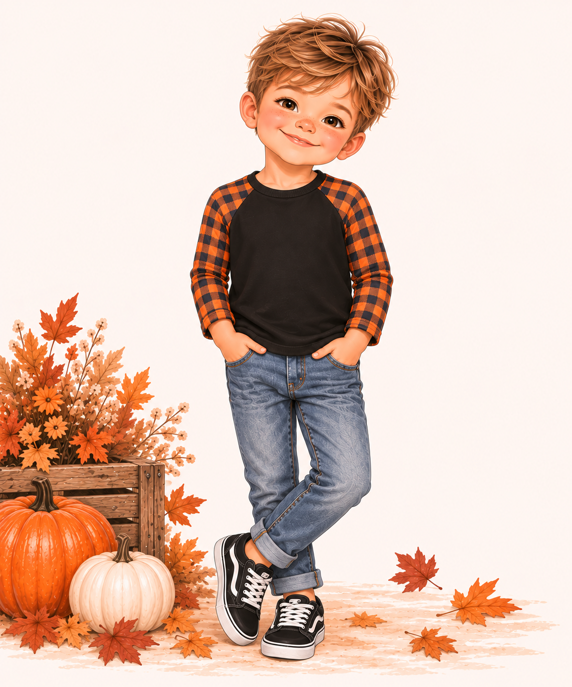 A stylized illustration of a young boy standing in an autumn-themed setting. He is wearing a black raglan shirt with orange and black plaid sleeves, blue jeans, and black sneakers.